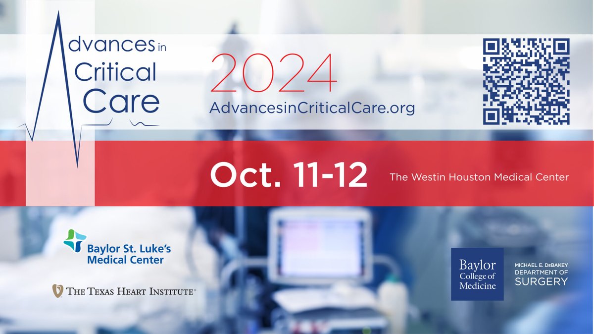 Calling all critical care clinicians! ‍ Join us for the 5th Annual Advances in Critical Care Symposium, a LIVE 2-day event on October 11-12, 2024 at The Westin Houston Medical Center. @BCM_Surgery @StLukesHealthMD @SXC71 @Jose_Diaz_Gomez Register now: texasheart.org/education/cont…