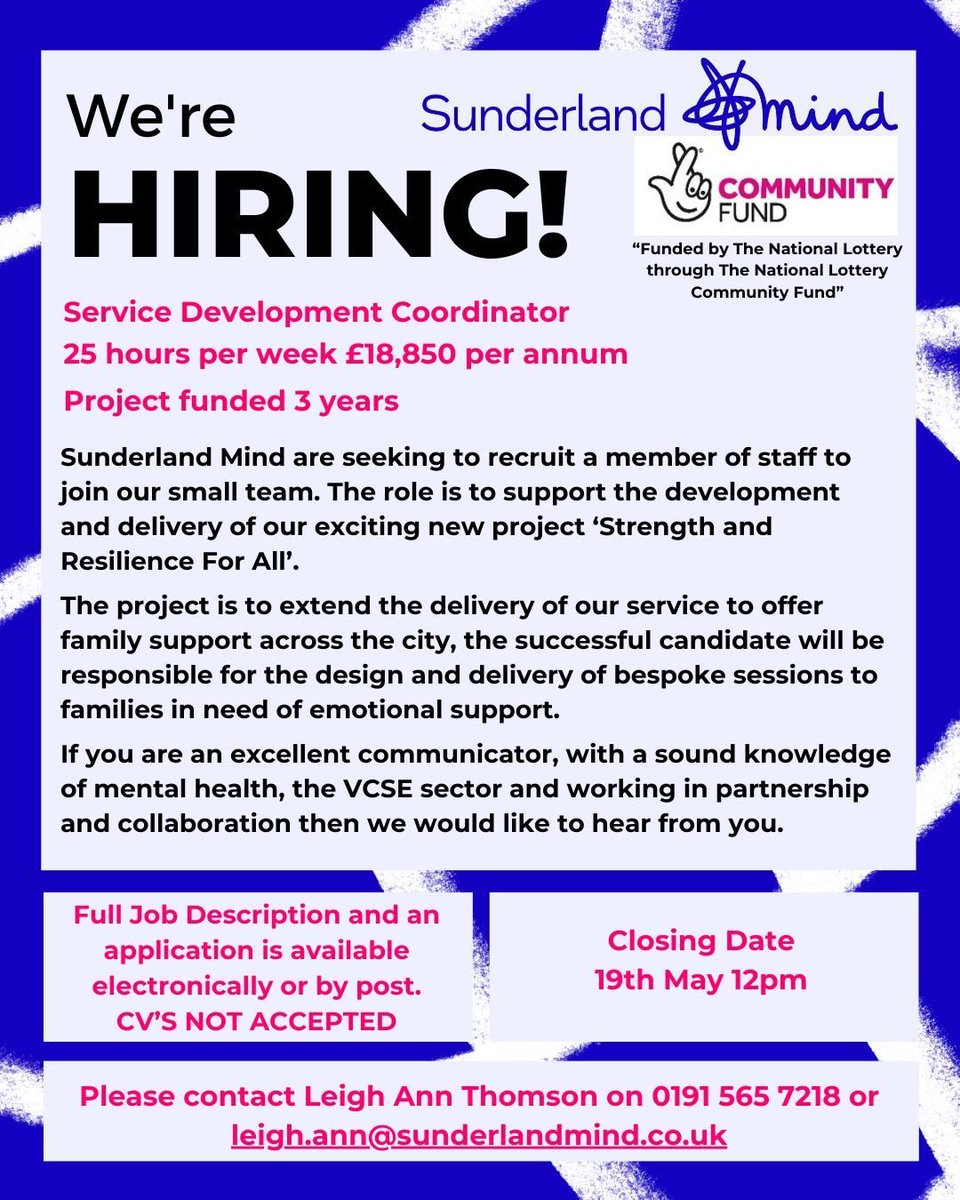 We have two exciting job opportunities available for you to join our Sunderland Mind Team. Full job description and application pack available. Contact Leigh Ann Thomson on leigh.ann@sunderlandmind.co.uk / 0191 565 7218 Thanks to players of the National Lottery #NationalLottery