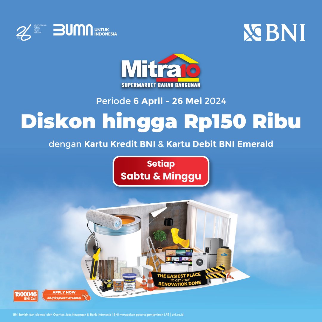 Let's make your renovation dreams come true effortlessly at Mitra10! 🏡✨Dapatkan diskon fantastis hingga Rp150 Ribu dengan menggunakan Kartu Kredit BNI & Kartu Debit BNI Emerald. Sebagai The Easiest Place to get your Renovation Done, Mitra10 hadir untuk menyediakan segala…