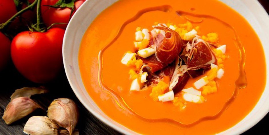 Enjoy Salmorejo, a cold thick soup from Córdoba, made of tomato, bread and olive oil. #BuenProvecho