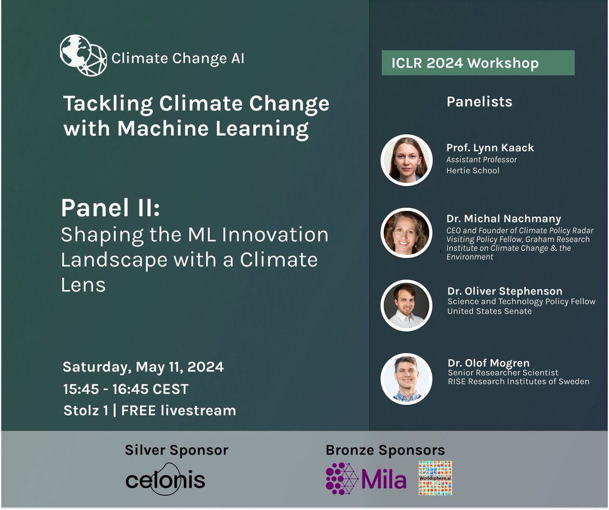 Our second panel of the day is on the way. This time we'll learn about shaping the ML innovation landscape with a climate lense. Follow live: climatechange.ai/events/iclr2024