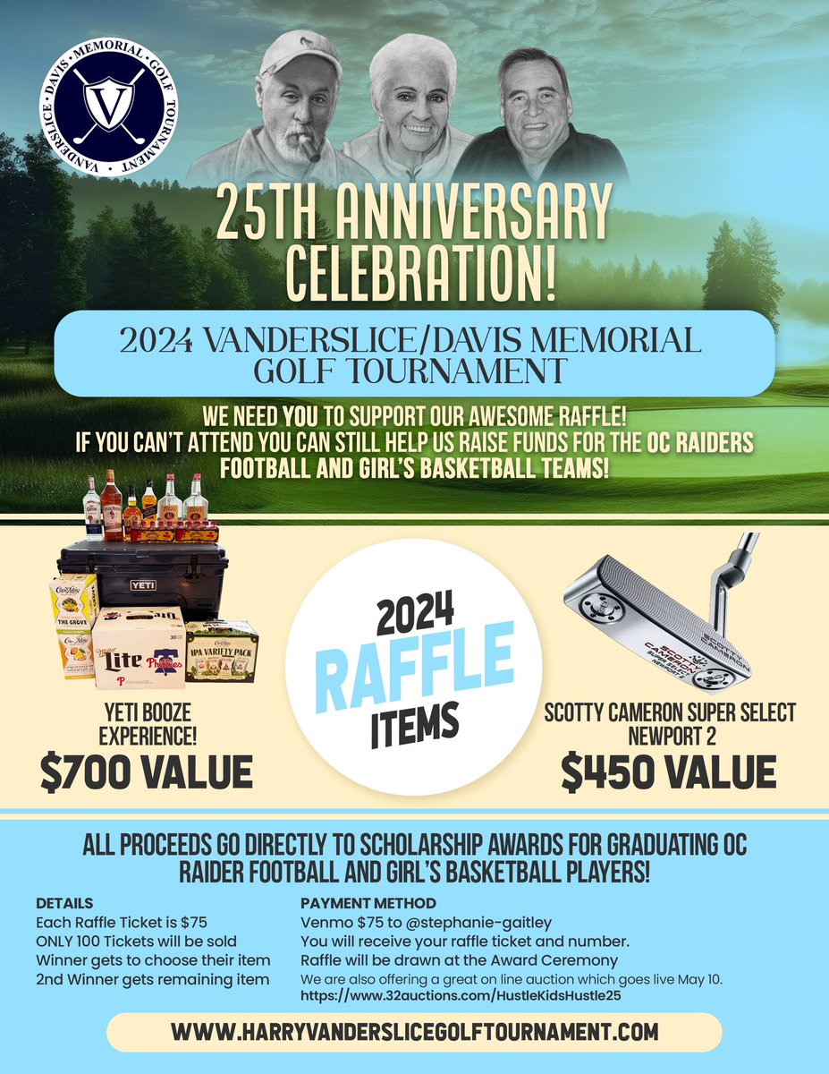 “Saturday “S”elebration…We are celebrating the 25th anniversary of the Vanderslice golf outing. You don’t have to attend to support OC Football 🏈 and GBB-🏀check out our awesome live auction items and raffle. Thanks for ALL your support!!! 32auctions.com/HustleKidsHust…