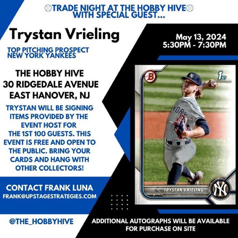 mashmore98's tweet photo. Somerset starter Trystan Vrieling doing a free signing on Monday in East Hanover.  @FrankLunaNJ giving away a signed Oswaldo Cabrera RC to one random person that retweets *this* post.  So, retweet and also go hang out on Monday night. https://t.co/a7XYkCFBbg