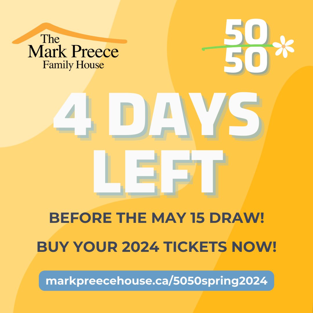 MarkPreeceHouse's tweet photo. Time is running out! There are only 4 days left before the May 15th draw for the Spring 50/50 Raffle in support of The #MarkPreeceFamilyHouse. Tickets are available at https://t.co/DYMAW3FIoa #MPFH5050 #MPFH #HamOnt https://t.co/faWWr81v85