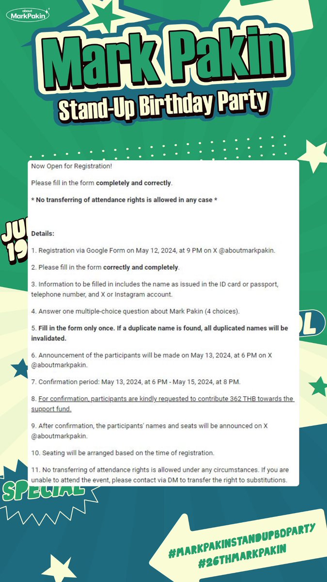 aboutmarkpakin's tweet photo. ⇢ Mark Pakin Stand-Up Birthday Party 🎙️⇠
#MarkPakinStandUpBDParty

＊┈ 2nd Invitation ┈＊
🗓️ Open for registration: Sun, May 12
⏰ 9PM

The last registration! Please read the details throughly. For any further questions, please mention/DM 🙇🏻‍♀️
#mmarkpkk #kkramm
#26thMarkPakin https://t.co/9e3Lz1hmVN