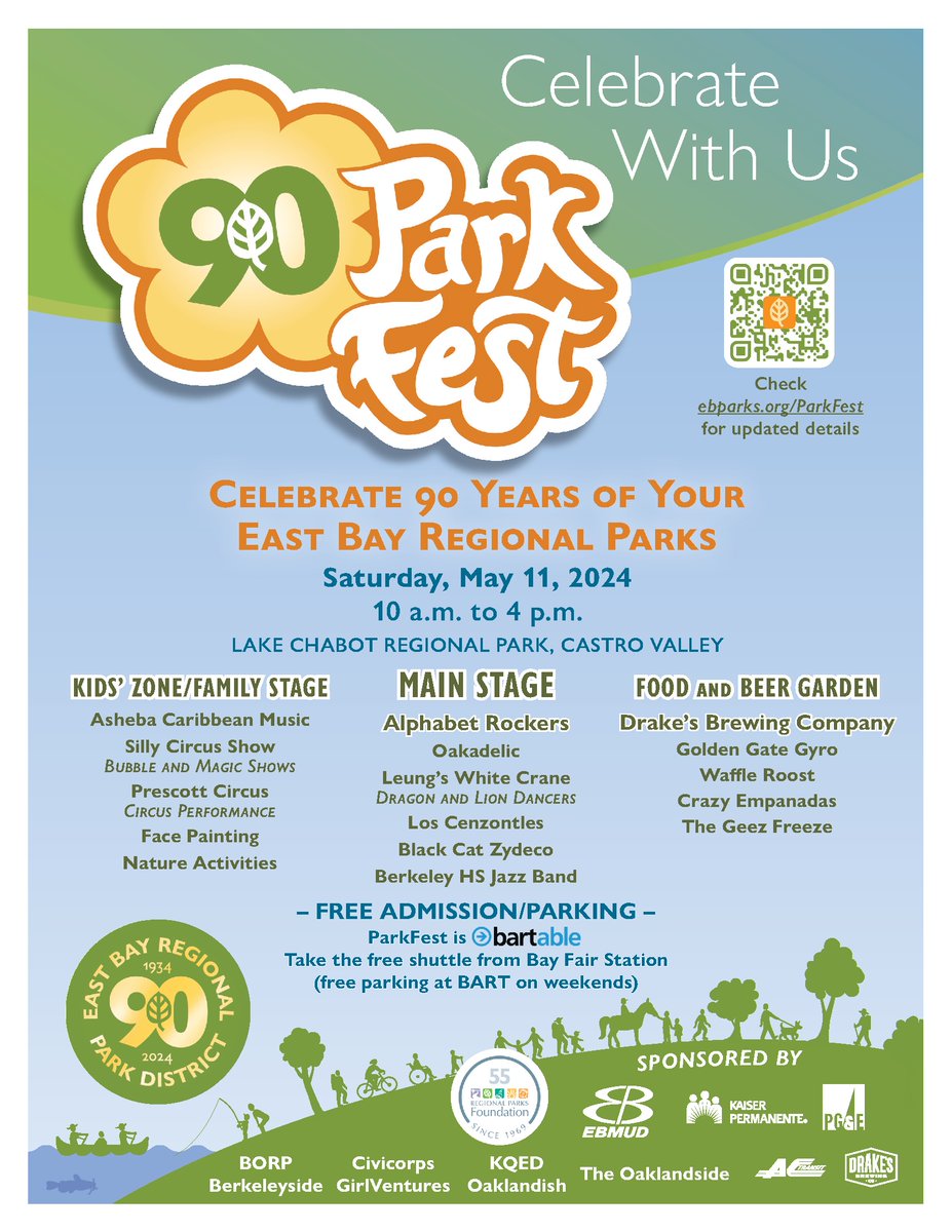 Join us in celebrating 90 years of East Bay Regional Parks at ParkFest today at Lake Chabot. This is a free birthday festival that you won't want to miss. There will be plenty of food, music, and fun activities for all ages to enjoy. ebparks.org/parkfest @EBRPD #EBParks90