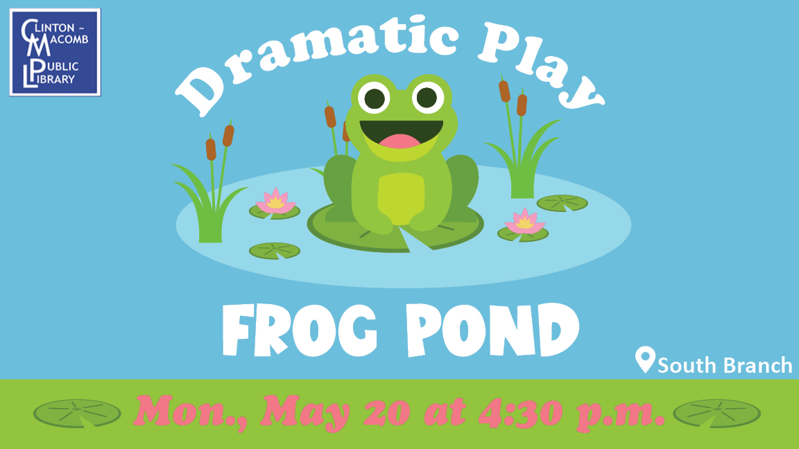 Join us for some frog-themed activities, crafts and stories. Recommended for ages 2-5. Call (586) 226-5073 or register here: cmpl.libnet.info/event/10237283