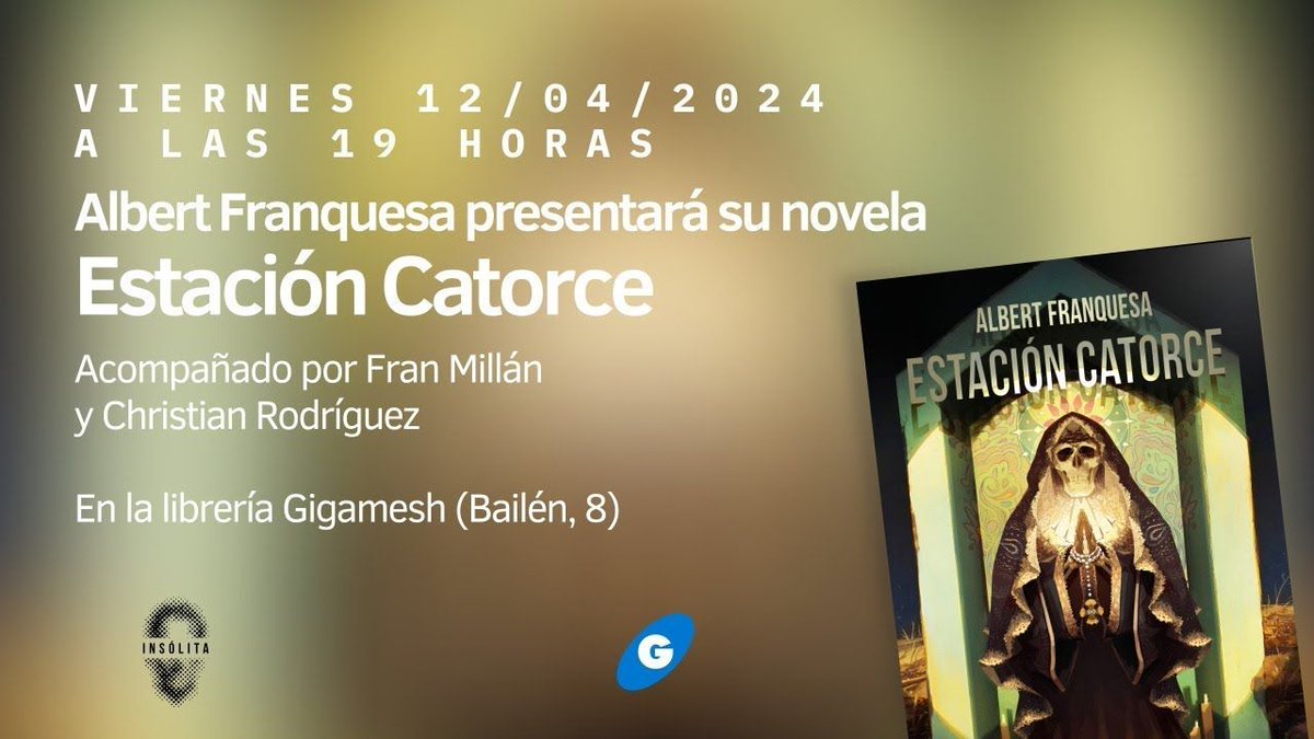 Sobre «Estación Catorce», de @a_franquesa, hablaré en el próximo ep. del podcast.
Pero vale la pena que antes te adentres en sus claves, referentes y enfoque, a través de esta magnífica presentación en @GigameshTienda junto a @franmillagu e @InsolitaEdit.
buff.ly/4b9dQsp