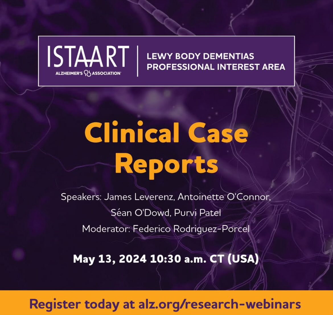 Spread the word! The @ISTAART @LBDPIA has a free webinar next week focused on Lewy body dementia clinical case reports 💜 @fedrodriguezp