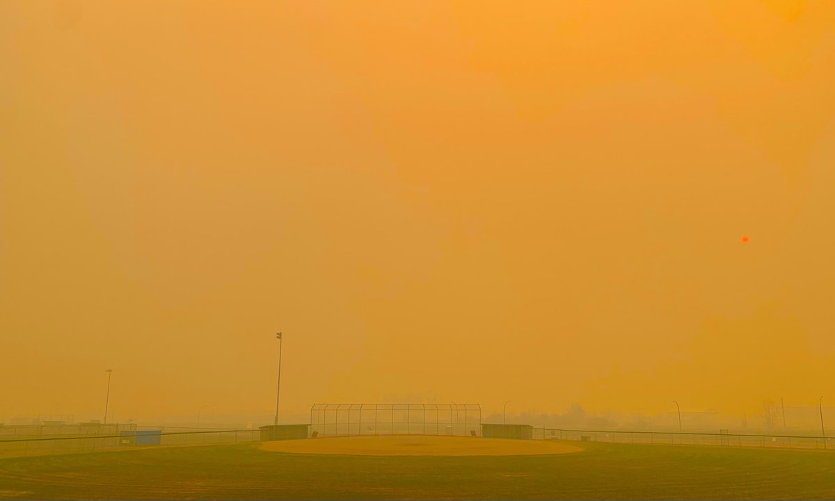 Made it back to Dawson Creek to park for the day, and something tells me that baseball at these ball diamonds across the road from me won't be seeing much action today. Wildfire smoke is thicker now than it was here last night. #ABStorm #ABFire #BCStorm #BCWildfire