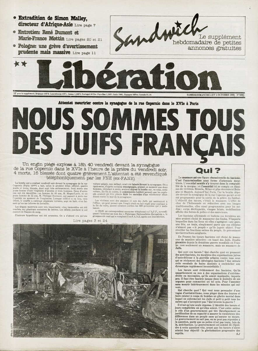Le 3 octobre 1980, un attentat avait lieu devant la synagogue de la rue Copernic, 4 morts une quarantaine de blessés. Et @libe avait fait cette Une impressionnante. Aujourd’hui, #antisemitisme explose et les #juifs de #France se sentent … abandonnés.