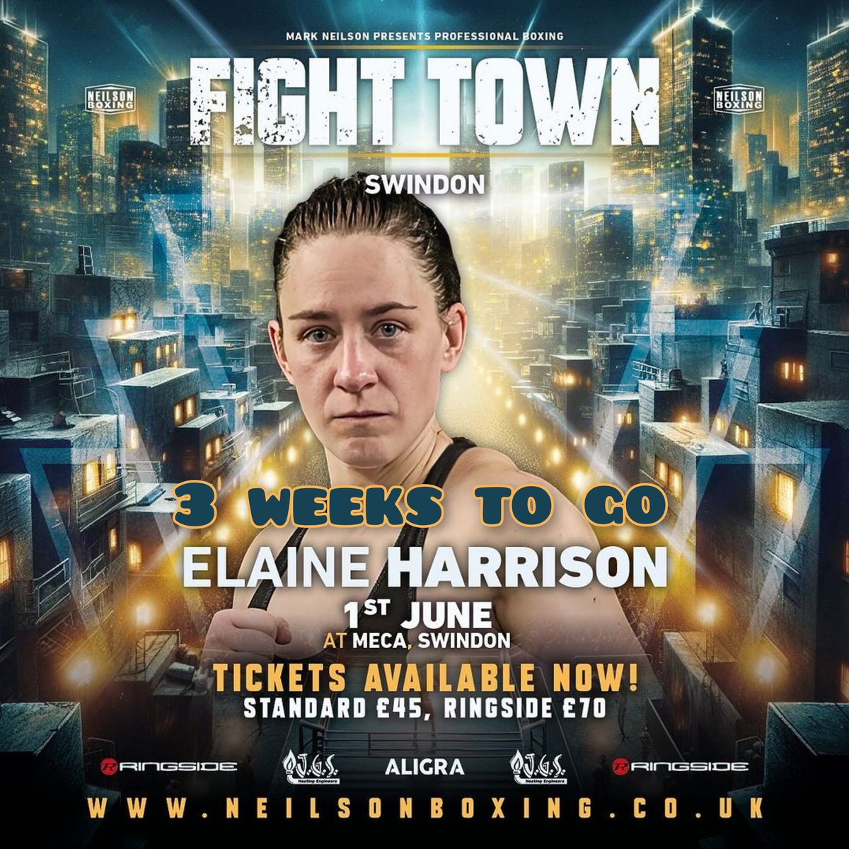 3 Weeks to go Elaine Harrison returns for fight 2 as a pro on the @NeilsonBoxing show at the Meca in Swindon Harrison (1-0) is scheduled to face Jamillette Janitza Vallejos over 4 rounds in a Featherweight contest