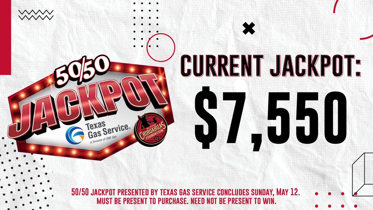 The 50/50 Jackpot presented by Texas Gas Service is over $7,550K!!! Coming to a game this weekend? Don't forget to purchase a ticket for a chance to win HALF of the jackpot! Must be present to purchase but not to win!