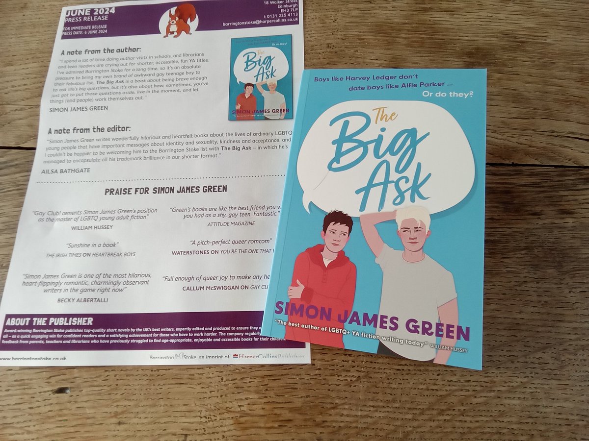 Firstly @simonjamesgreen #MalloryHeyer The Big Ask. Alfie is sweet but awkward, very uncool, not popular but can he ask the coolest boy in school to prom? Releasing 6th June, this is Simon's first book for @BarringtonStoke, hopefully there will be more.