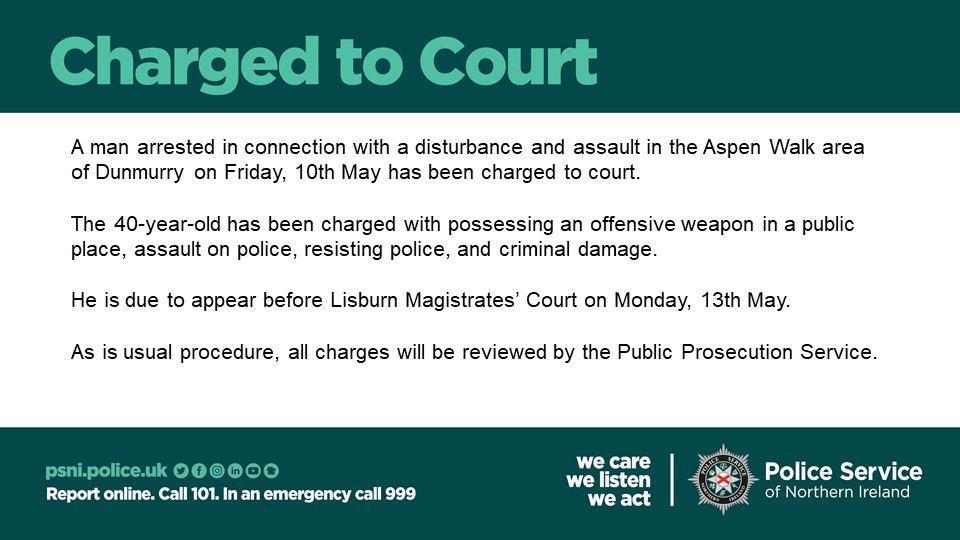 We have charged a man to appear before court following a disturbance and assault in the Aspen Walk area of Dunmurry on Friday, 10th May.