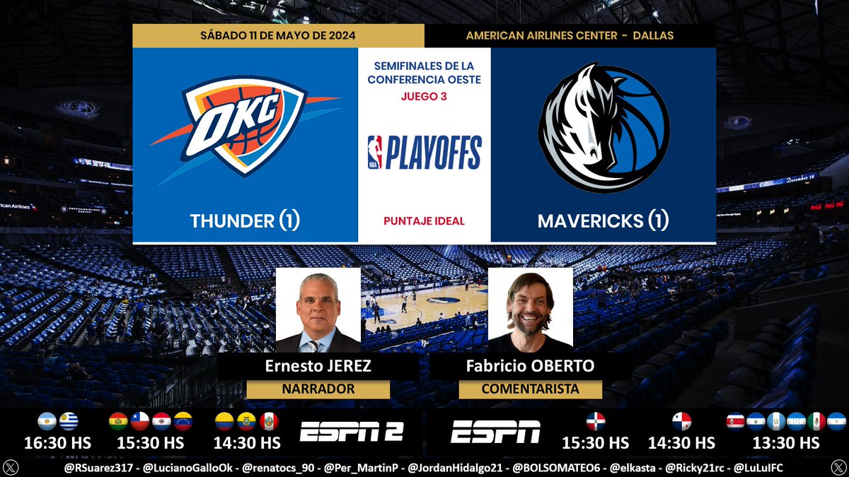 🏀 #NBA | #Thunder vs. #Mavericks 🎙 Narrador: @EJerezESPN 🎙 Comentarista: @obricio7 📺 #ESPN2 Sur // #ESPN Norte 💻📱 @StarPlusLA Latinoamérica 🤳 #NBAxESPN - #ESPNenStarPlus - #NBAPlayoffs Dale RT 🔃