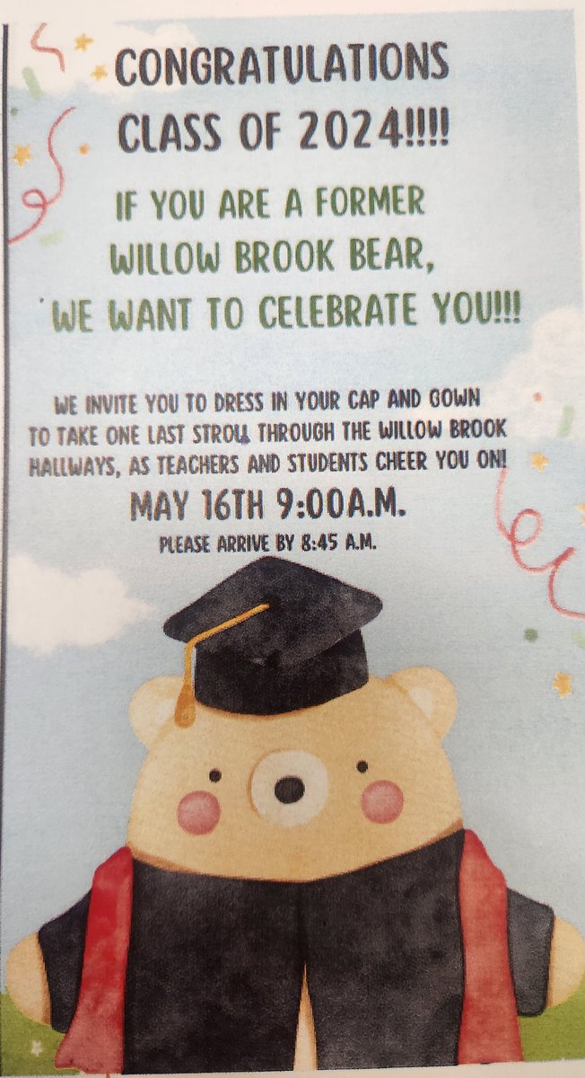 See you on Thursday! Class of 2024 former Willow Brook Bears
