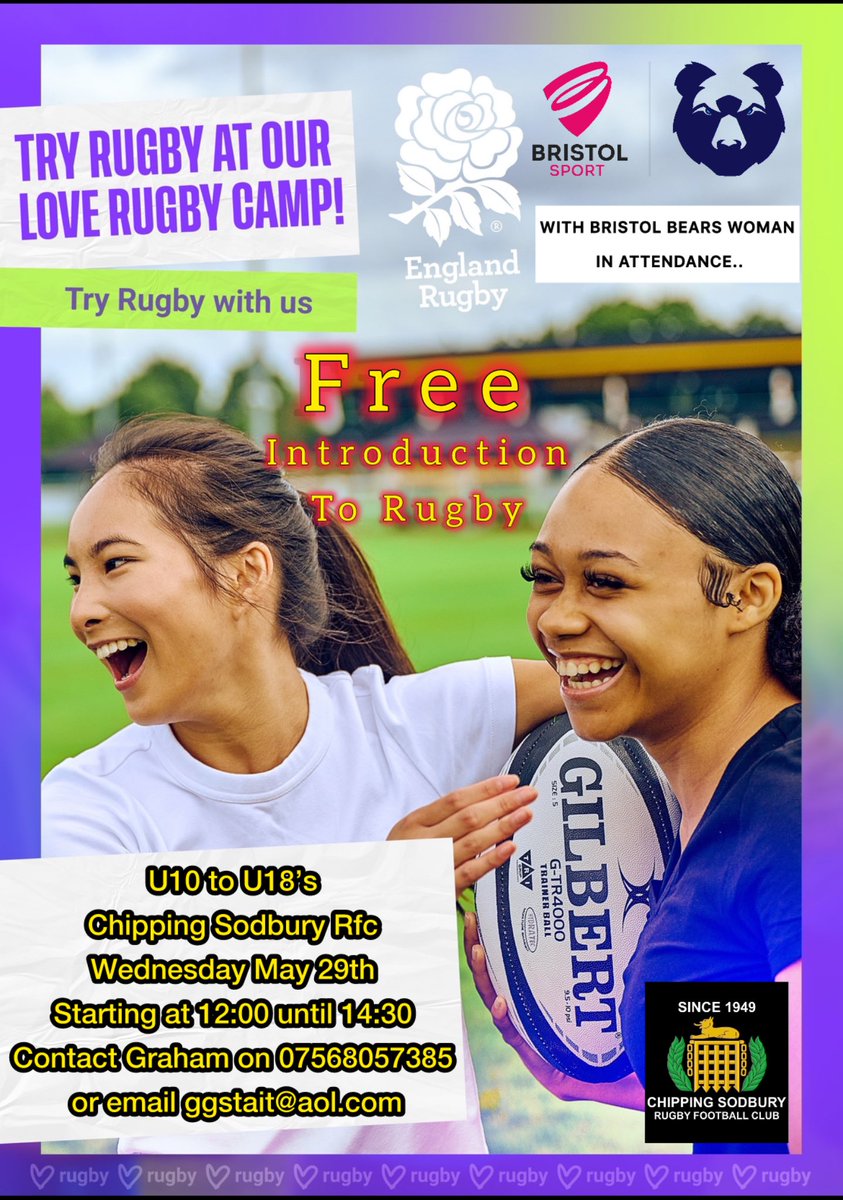 GrahamStait's tweet image. Chipping Sodbury Girls have combined with England Rfu, Love Rugby and Bristol Bears woman to offer a Free introduction to rugby session. 

All girls 10 years old to 18 come and try rugby for FREE, Wednesday 29th May starting at 12:00 until 14:30

Please message on 07568057385.