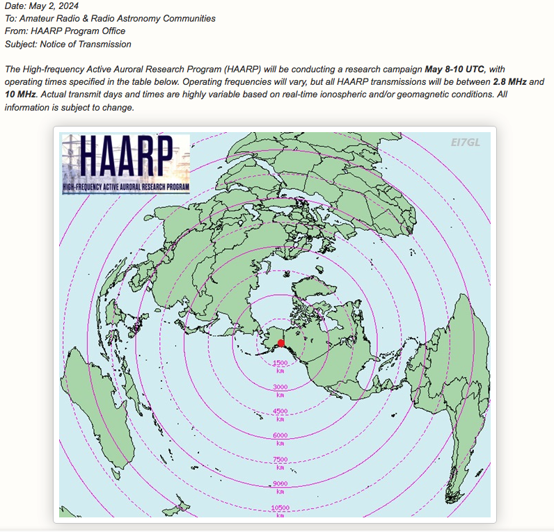 TPIProductionZ's tweet photo. @SunWeatherMan Any importance to the HAARP activity scheduled from May 8-10th? Just curious, not conspiratorial. https://t.co/icS0Qp12T4