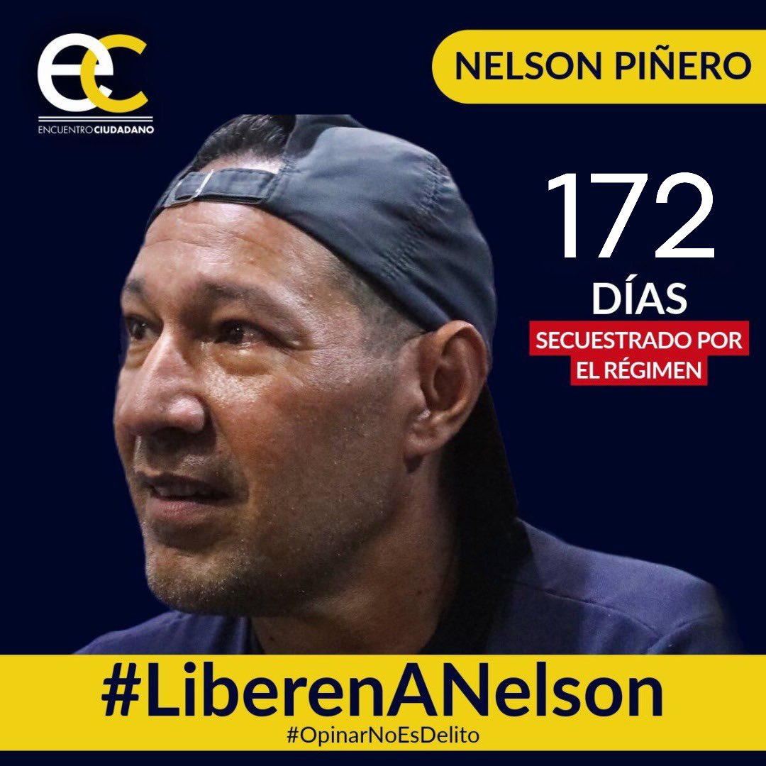 #11May | Nelson Piñero, activista de #EncuentroCiudadano, lleva 172 días secuestrado por el régimen solo por emitir sus opiniones en redes sociales.

#OpinarNoEsDelito y por eso exigimos su liberación inmediata.

#LiberenANelson 
#LiberenALosPresosPolíticos