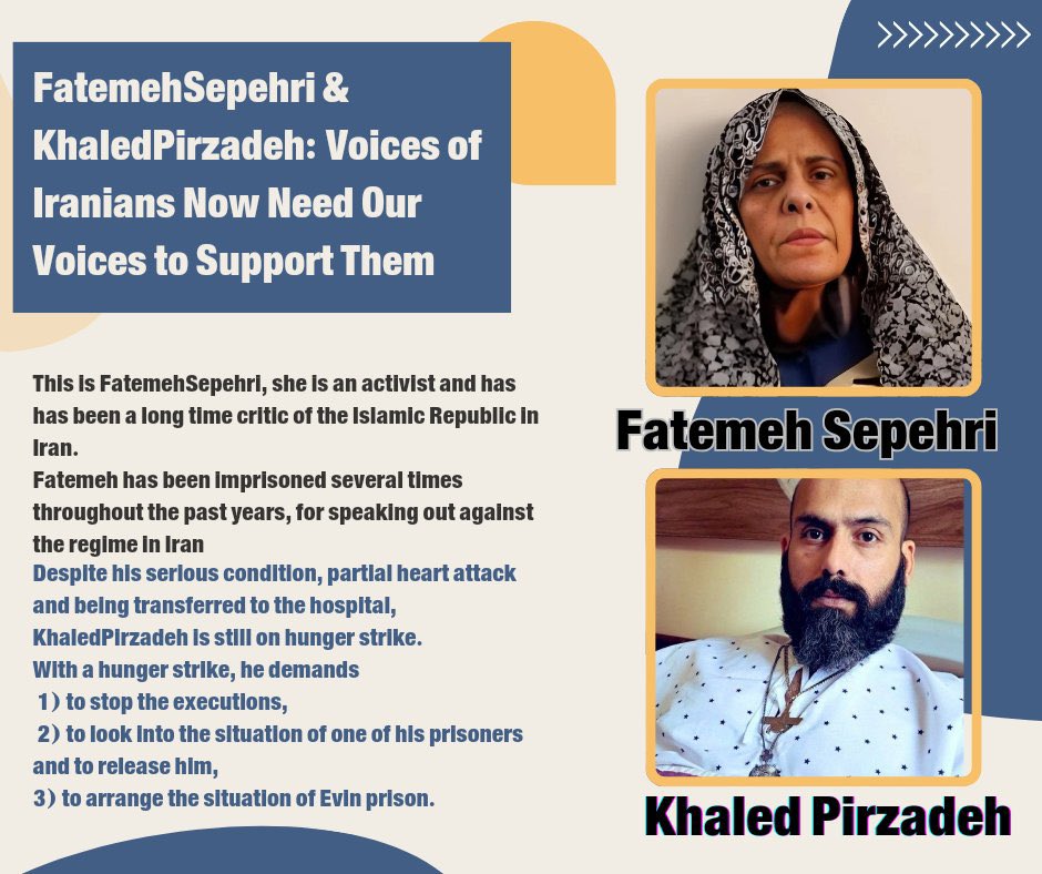 The lioness of Iran #FatemehSepehri and champion #KhaledPirzadeh are in jail because they spoke up against the Islamic regime and its crimes against the Iranian people.
As a result of their treatment, their health is suffering. There has been no news of Khaled for weeks. Please