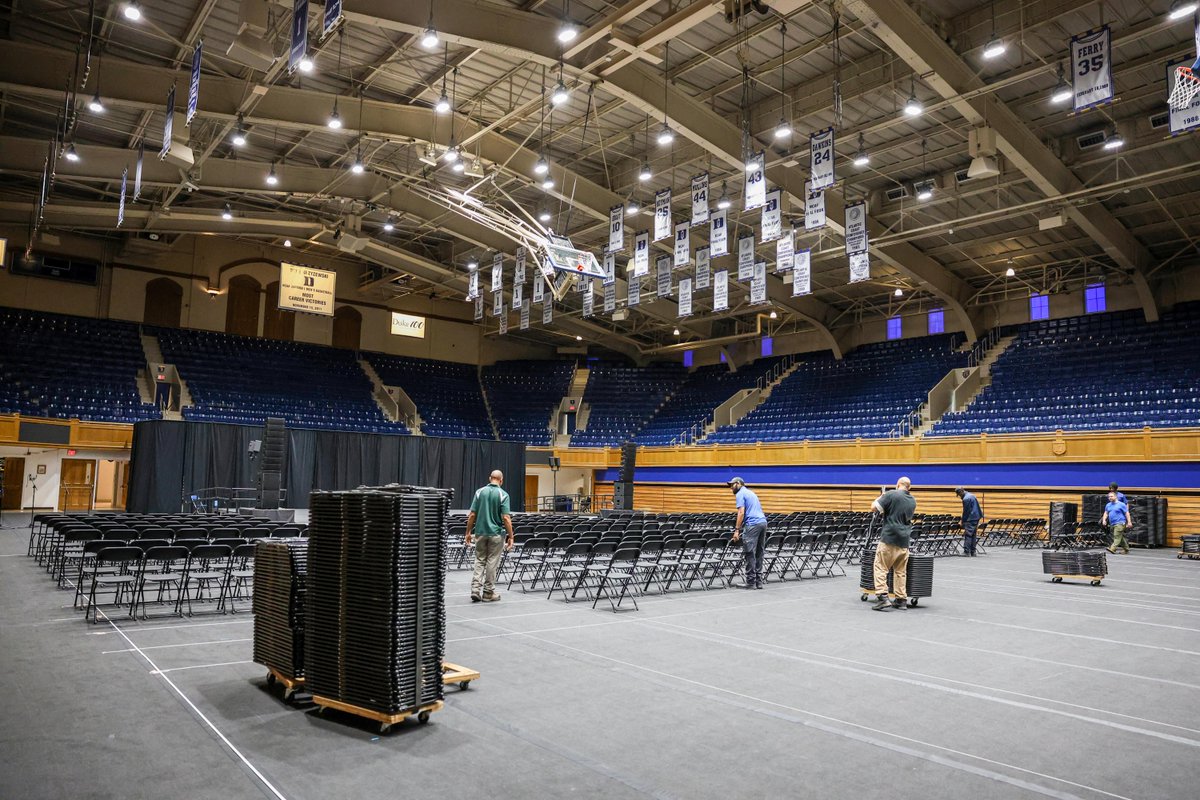 Commencement takes a village! We visited with Sam Watson, Special Events Supervisor for Duke Conference and Event Services, on Tuesday as he directed the layout of chairs in Cameron Indoor Stadium. Learn about events happening this weekend. #Duke2024 duke.is/v/s5s5