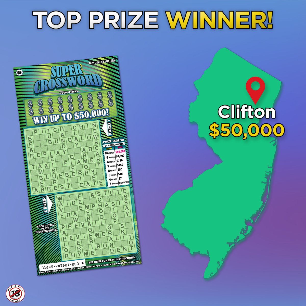 Congrats to this player who won $50,000 on a $5 Super Crossword Scratch-Off ticket. How would you celebrate winning 50k?! For Scratch-Offs game odds, visit NJLottery.com/ScratchOffs. #AnythingCanHappenInJersey