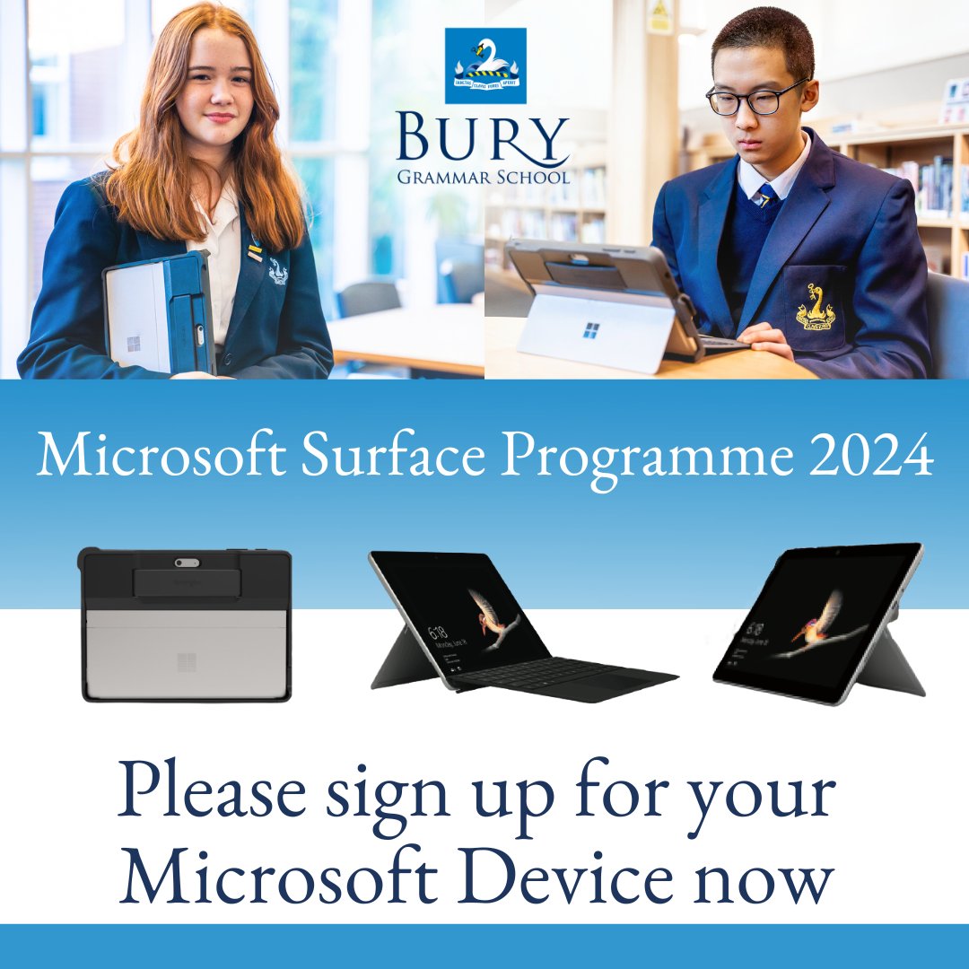 💻 BGS families who are due to purchase a new MS device or upgrade an existing device will have received an email from our IT Team on 7th May 2024. The portal to sign up is open until Sunday 9th June so please do submit your order as soon as you can. Thank you! @Surface