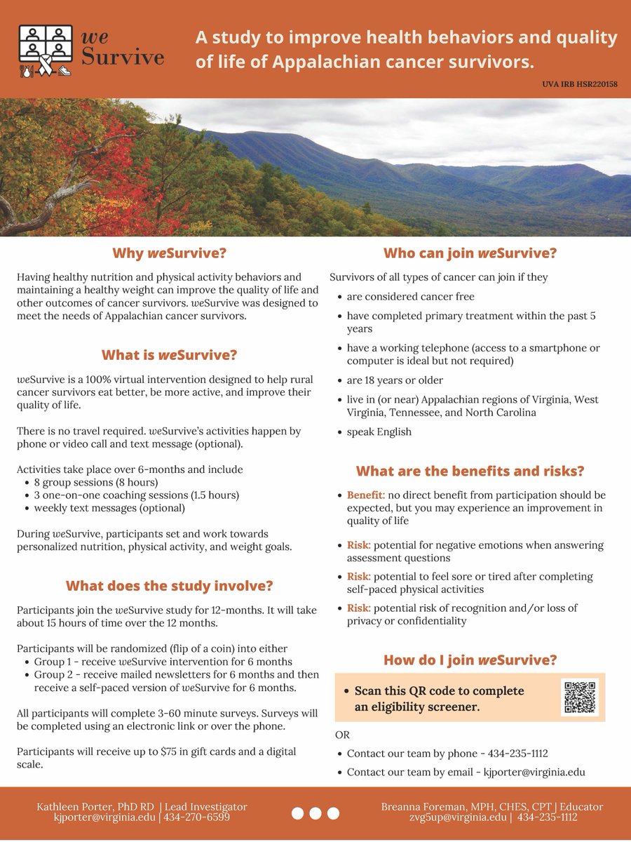 Cancer survivors should thrive after treatment. Researchers at @UVA are conducting a study to help cancer survivors living in or near rural Appalachia improve their quality of life. Learn More: email - kjporter@virginia.edu, or click here: ow.ly/5LxE50RC3NS