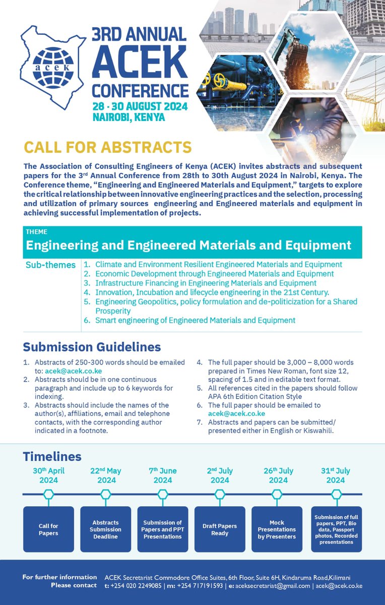 ACEK is inviting abstract submissions for its 3rd Annual Conference.

The conference aims to bring together experts from a wide range of specialties to collaborate and exchange ideas.

See the poster for more details.

#engineering #conference #callforabstracts