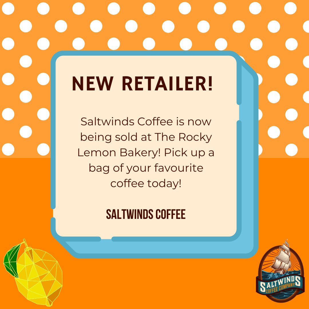 🎉 We're thrilled to announce that The Rocky Lemon Bakery is now proudly selling Saltwinds Coffee! Indulge in the perfect pairing of our premium brews with their delightful treats. Swing by today and elevate your coffee experience! ☕️🍰 #Coffee #LocalCoffee #FreshlyRoasted