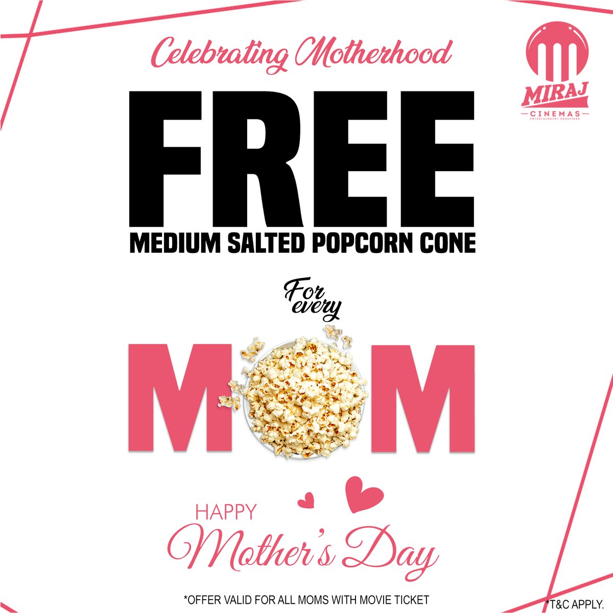 Calling all moms, this one's for you! This Mother's Day, Miraj Cinemas puts you in the spotlight with a blockbuster offer: Receive a complimentary medium popcorn cone on us as a token of appreciation. 🍿💐 #MirajCinemas wishes you a joyous Mother's Day! #HappyMothersDay #Offer…