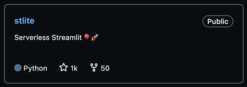 stlite (Serverless Streamlit) がスター1k到達！
自分個人のrepoで2つ目の1k⭐️

github.com/whitphx/stlite

#Streamlit #OSS #GitHub