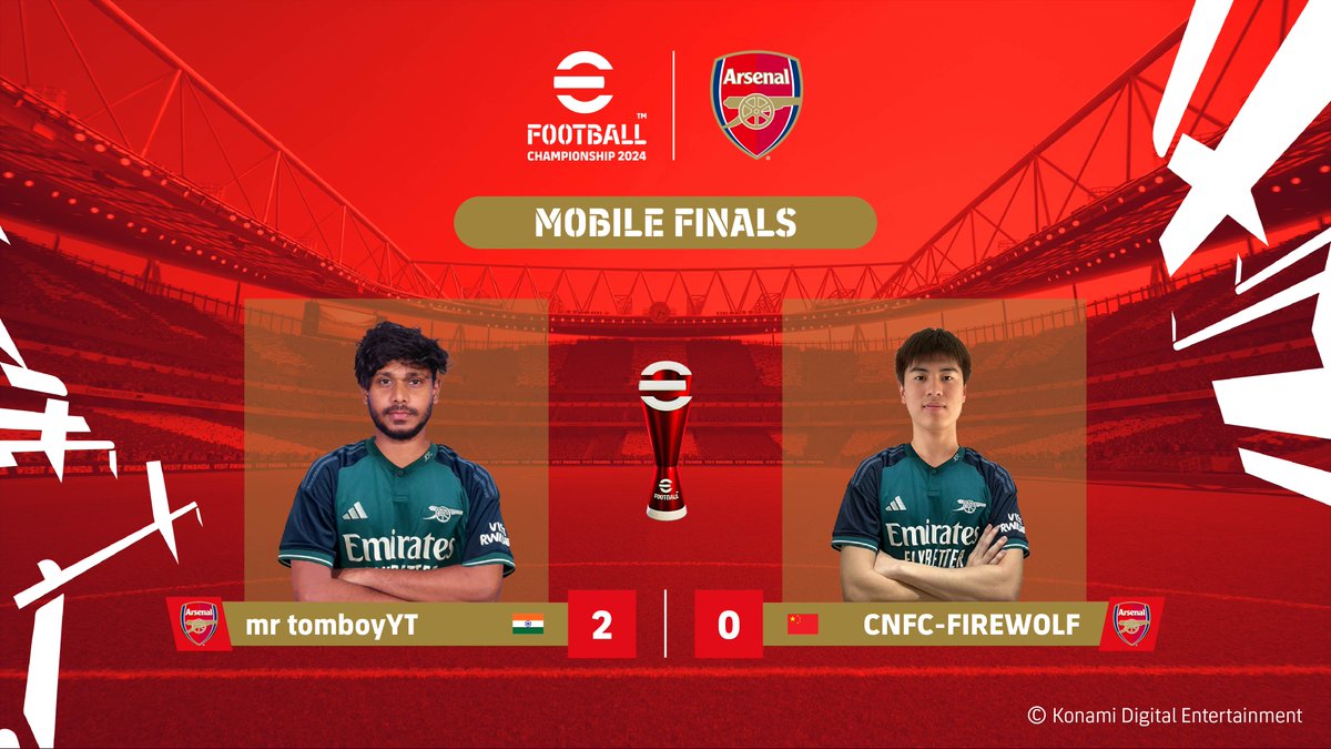 #eFootball2024 @Arsenal Mobile Grand Finals Result 🏆 🇮🇳 @mrtomboyyt 2 - 0 🇨🇳 #CNFC-firewolf Last match of the day now, lets close the finals in high fashion with ⬇️ 🎮🇷🇴 @Urma431 vs 🇯🇵 @ax_ij14 📺 bit.ly/ArsenalFinals Let's #BeChampions together ❗️ #eFootball2024Mobile