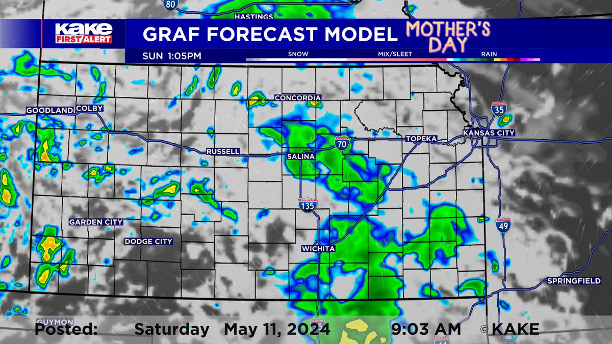 Another beautiful day across KAKEland with some much-needed RAIN on the way! Showers and thunderstorms (nothing strong) will move into western KS later this afternoon and evening. All of KS will see rain on Mother's Day! @KAKEnews