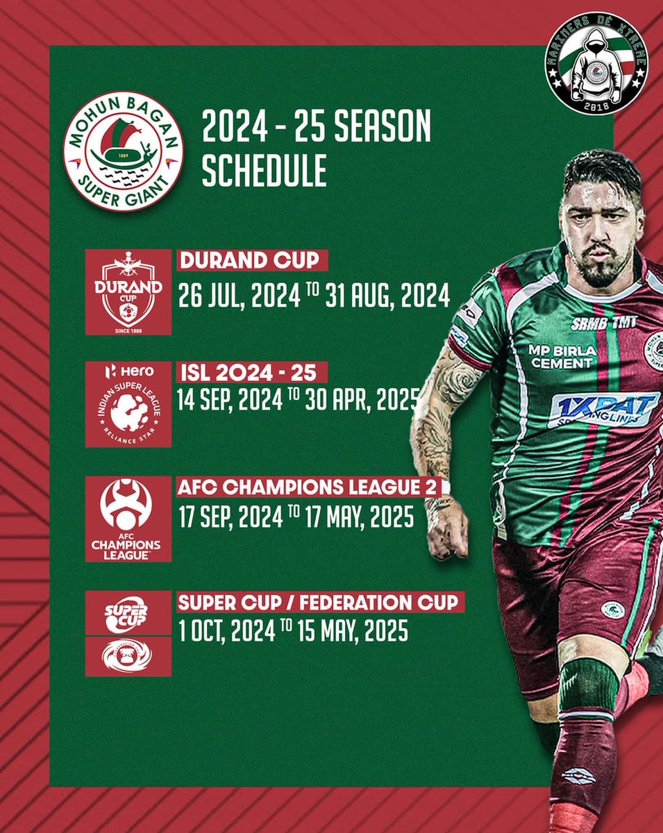 🗓️🔥 Excitement alert! The 2024-25 season schedule for the mighty @mohunbagansg is here! Get ready to witness epic showdowns and electrifying matches💥 #SeasonSchedule #JoyMohunBagan 👑 #GreenMaroonloyalUltras 😈