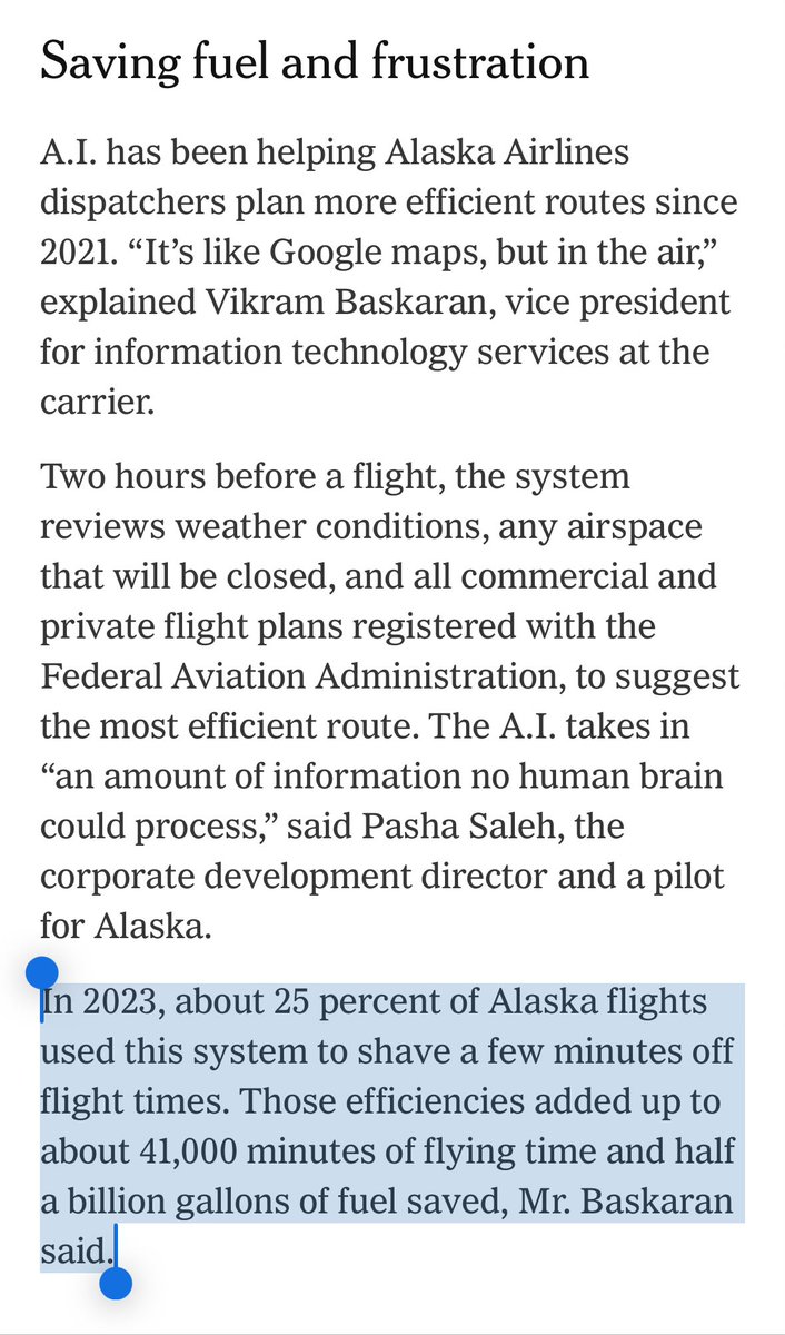 The flip side of AI requiring a lot of power? Airlines are using it for automation and optimization. It saved Alaska Airlines 500,000,000 gallons of fuel last year.