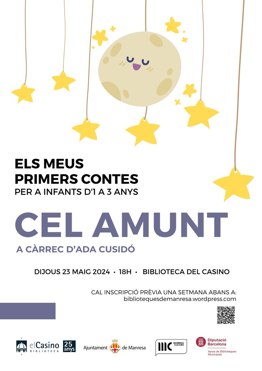 Els meus primers contes 'Cel amunt' amb Ada Cusidó, per a infants d'1 a 3 anys. Cal inscripció prèvia. Vindreu? 🗓️dijous 23 maig ⏰18h ✏️Inscripcions: t.ly/6aFXI @ajmanresa @bibliotequesXBM