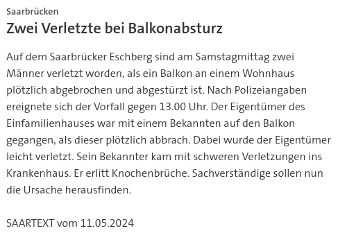 #SKK20240511 #SAARTEXT #SKK20240511 #SAARTEXT Auf dem Saarbrücker Eschberg sind am Samstagmittag zwei Männer verletzt  worden, als ein Balkon an einem Wohnhaus plötzlich abgebrochen und  abgestürzt ist. | #Saarbrücken #Balkonabsturz #Eschberg #Knochenbrüche #Polizei #Krankenhaus