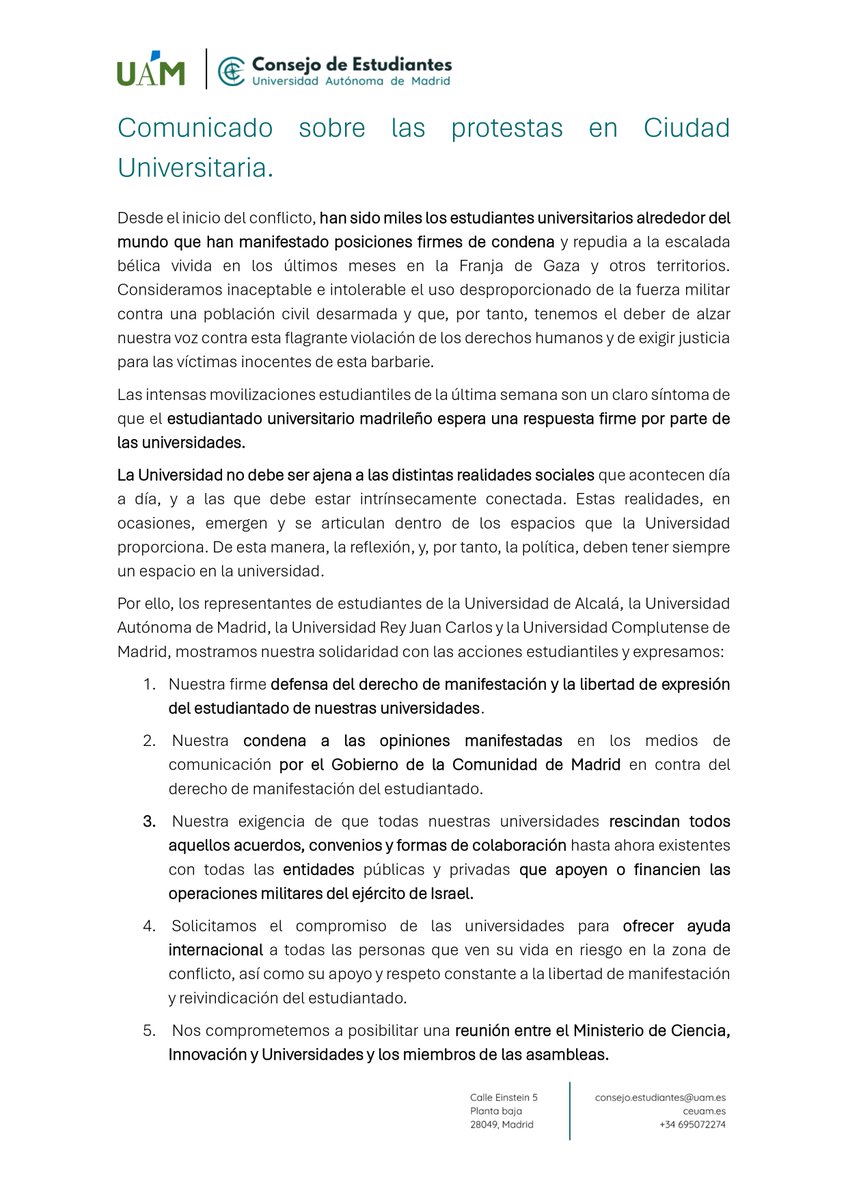 Consejo de Estudiantes UAM (@ceuam) on Twitter photo La política y la universidad no pueden separarse. La convivencia, el conocimiento y pensamiento crítico, nacen de las aulas.
Nuestra defensa y solidaridad con el estudiantado de <a href="/acampadamad/">Acampada x Palestina Madrid</a> y todos los movimientos estudiantiles.
<a href="/ceuam/">Consejo de Estudiantes UAM</a> <a href="/ceuah/">CEUAH</a> <a href="/DCE_UCM/">Delegación Central de Estudiantes UCM</a> <a href="/CE_URJC/">Consejo de Estudiantes URJC</a> La política y la universidad no pueden separarse. La convivencia, el conocimiento y pensamiento crítico, nacen de las aulas.
Nuestra defensa y solidaridad con el estudiantado de <a href="/acampadamad/">Acampada x Palestina Madrid</a> y todos los movimientos estudiantiles.
<a href="/ceuam/">Consejo de Estudiantes UAM</a> <a href="/ceuah/">CEUAH</a> <a href="/DCE_UCM/">Delegación Central de Estudiantes UCM</a> <a href="/CE_URJC/">Consejo de Estudiantes URJC</a>