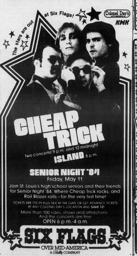 Today in Cheap Trick History: (1984) Cheap Trick performed 2 sets at the Old Glory Amphitheater at Six Flags Mid-America in St. Louis, Missouri.