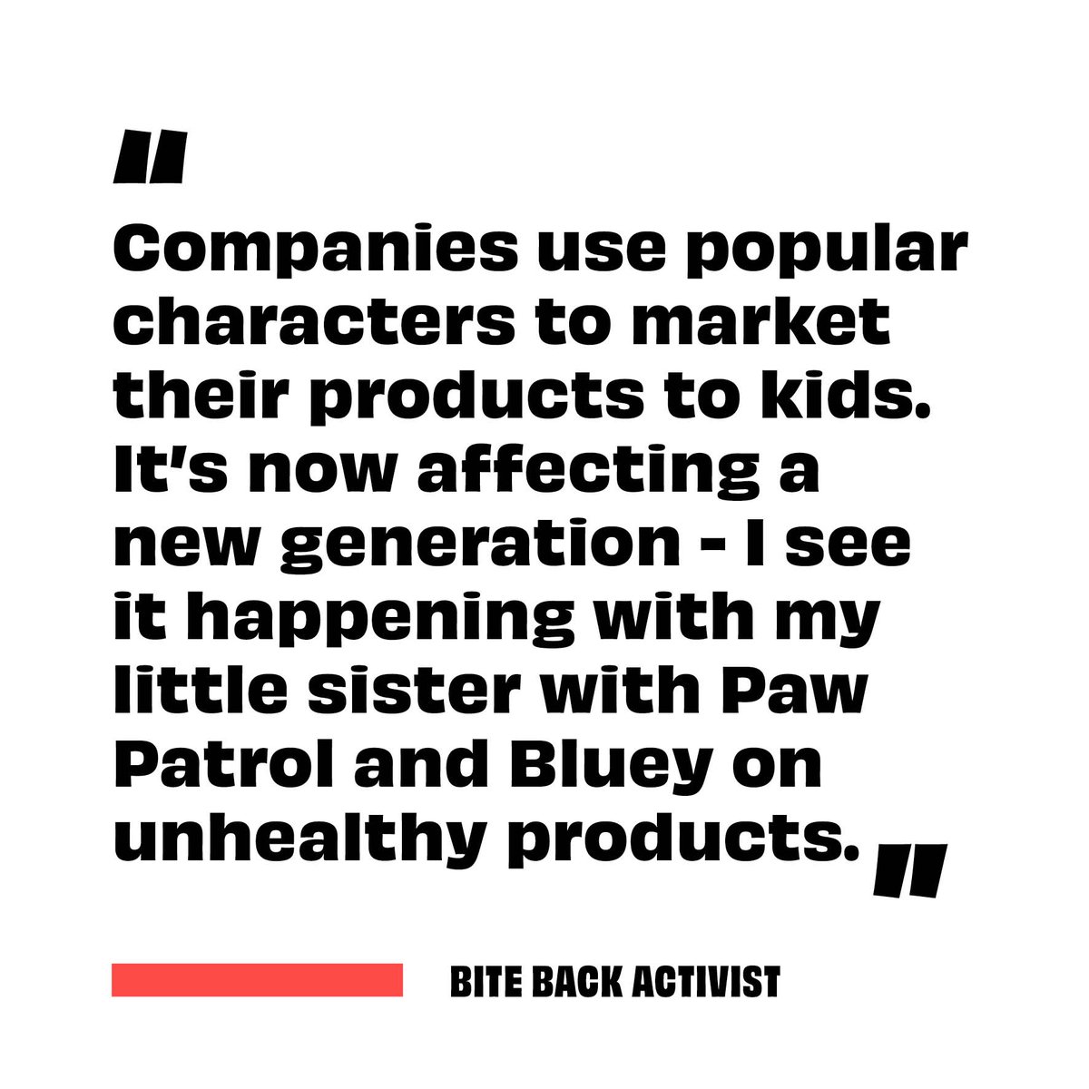 Our #FuelUsDontFoolUs report looked at 72 food products that featured a cartoon character — and 67% of them were unhealthy!

This is at a time when nearly 1 in 3 children face a future of food related illness.

Bite Back with us, sign our open letter 👇

bb2030.co/svgC