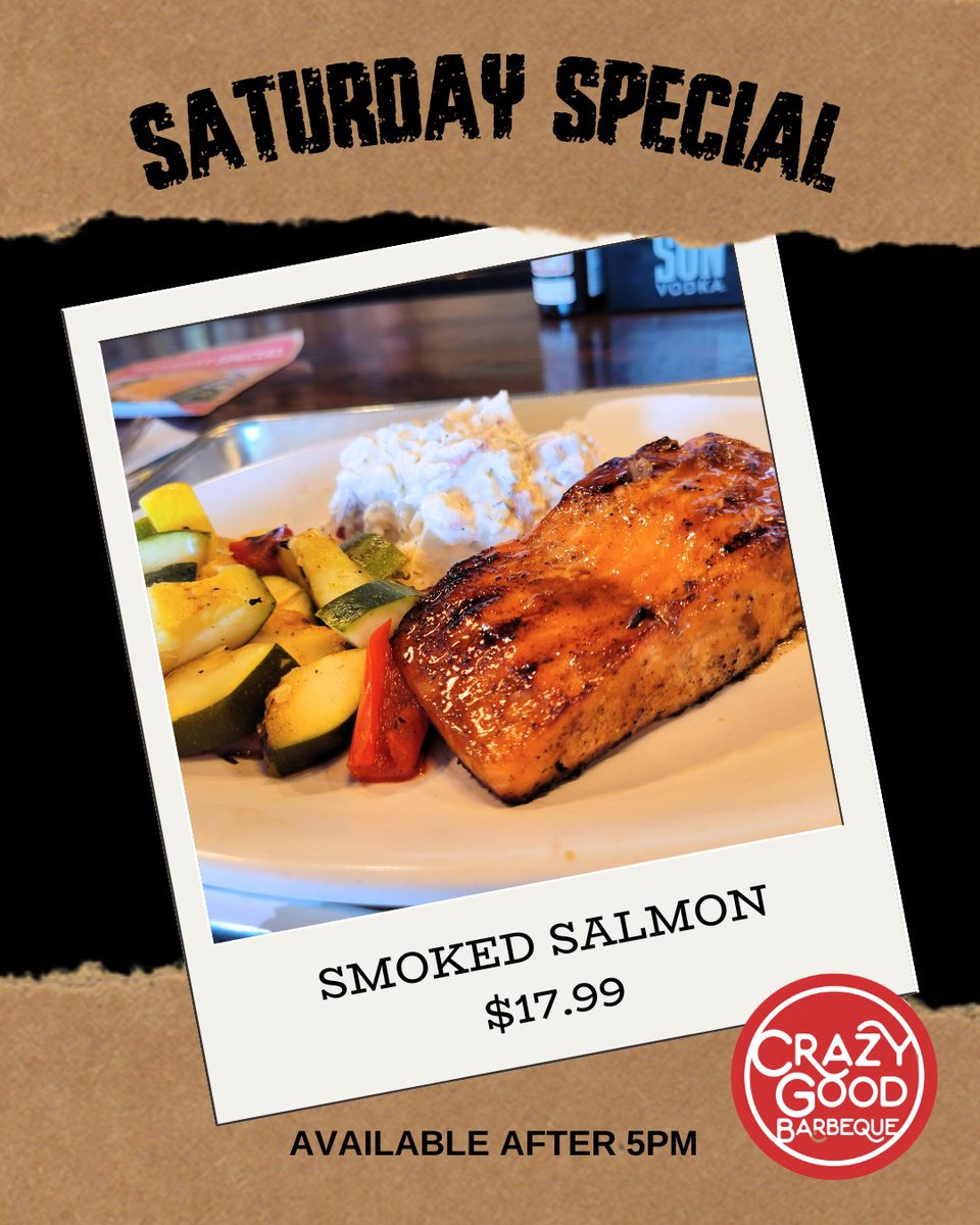 Sink your teeth into something sensational this Saturday evening at Crazy Good Barbeque! 🍽️✨

Join us for our delicious dinner special featuring delicious Smoked Salmon. 
Don't miss out - see you there! 

#kcbbq #kansascitybbq #kansascityrestaurants #kceats #eatkc #olatheks