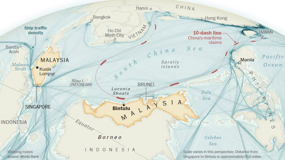 The South China Sea is one of the world's busiest, most contested waterways. There's been a lot of attention recently for China’s intensifying encounters with Philippine fishermen and coast guard. Far less has been reported about stirring tensions to the south, in Malaysia... 🧵