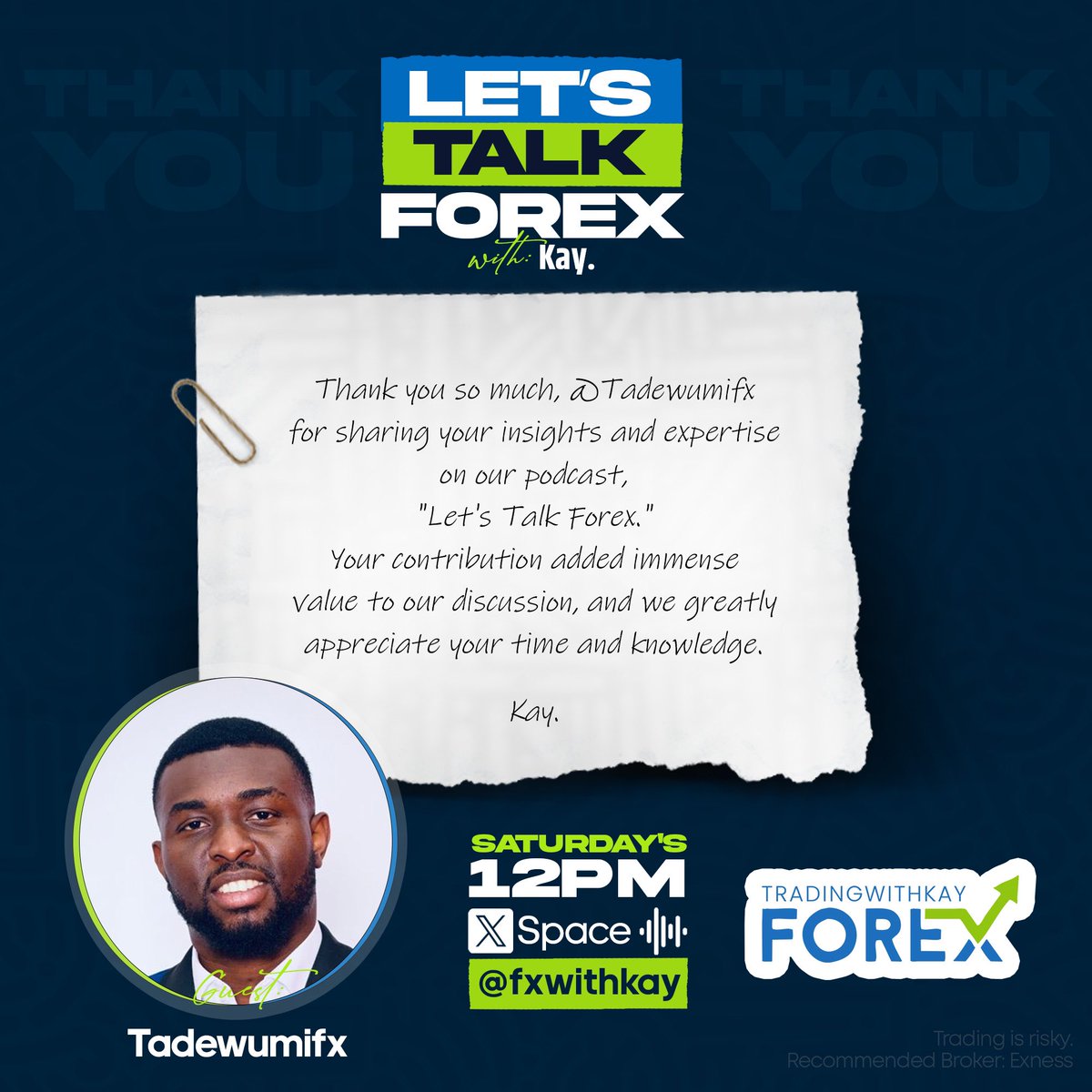 Huge thanks to @topeadewumii for joining us on our podcast, 'Let's Talk Forex.' Your expertise was invaluable! Looking forward to future collaborations! #ForexPodcast #TradingTalks #ExpertInsights #LetsTalkForex