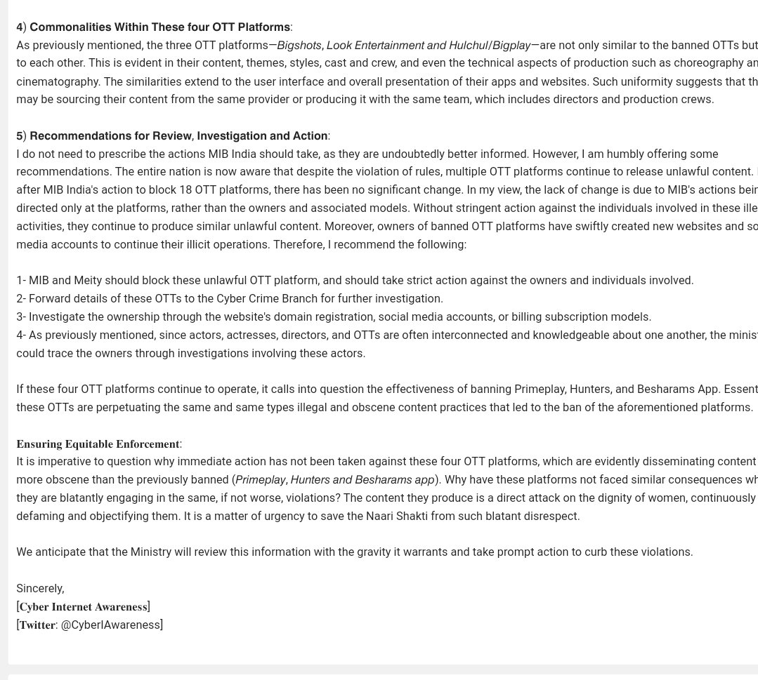 CyberIAwareness's tweet photo. }ππ§ πππ² π, ππππ, CyberlAwareness has sent the 'ππ’π³π΅ 2' of the E-mail series, which contains detailed violations of four OTT Platforms,
OTTs- #Bigshots app, #Look_Entertainment app, #Hulchul app & #Bigplay app.
}Read the Complaint Email letters for details.
3/n https://t.co/x9SeXXaxrN
