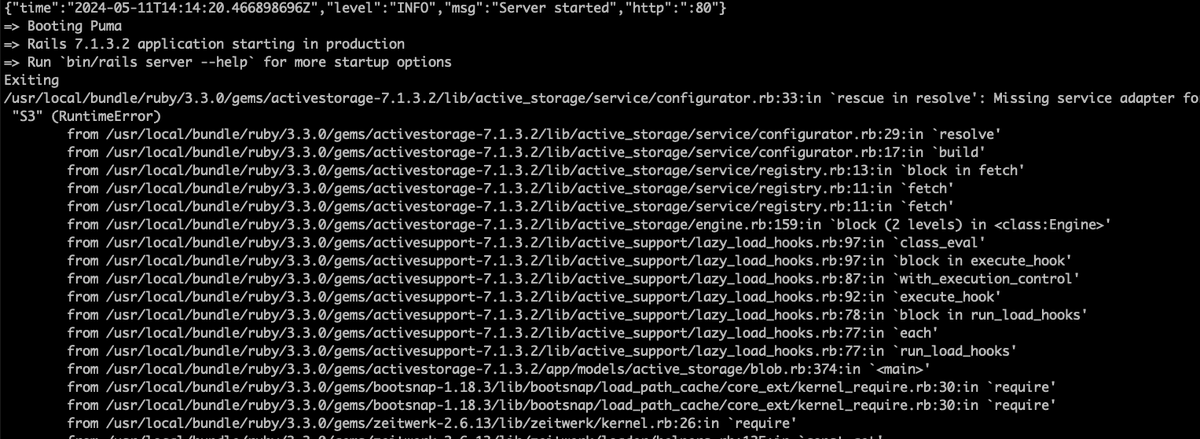 💡Kamal debugging tip of a failed healthcheck

When a healthcheck fails you need to run `docker logs` for the just failed healthcheck container:

$ docker logs healthcheck-[SERVICE]-4f860a41cb3b...

Then it's clear as day (I forgot to add aws-sdk-s3 here):