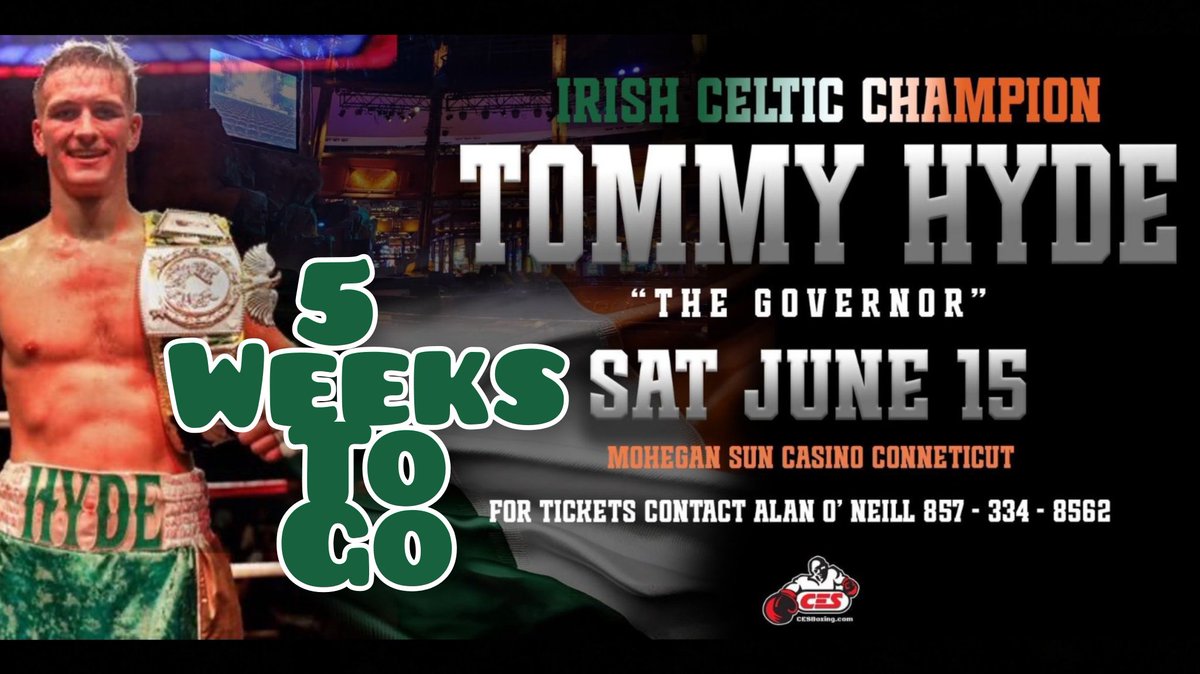 5 Weeks to go BUI Celtic Super Middleweight champion, @tommyhyde99 returns to action Hyde (8-0) fights at the Mohegan sun casino in Conneticut, no opponent listed as yet