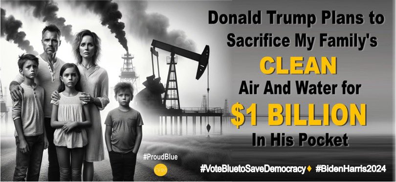 #ProudBlue Donald Trump supports big oil companies and will roll back restrictions on his first day in office. Please don’t let him have the opportunity to harm the lives of Americans. #VoteBlueToSaveAmerica