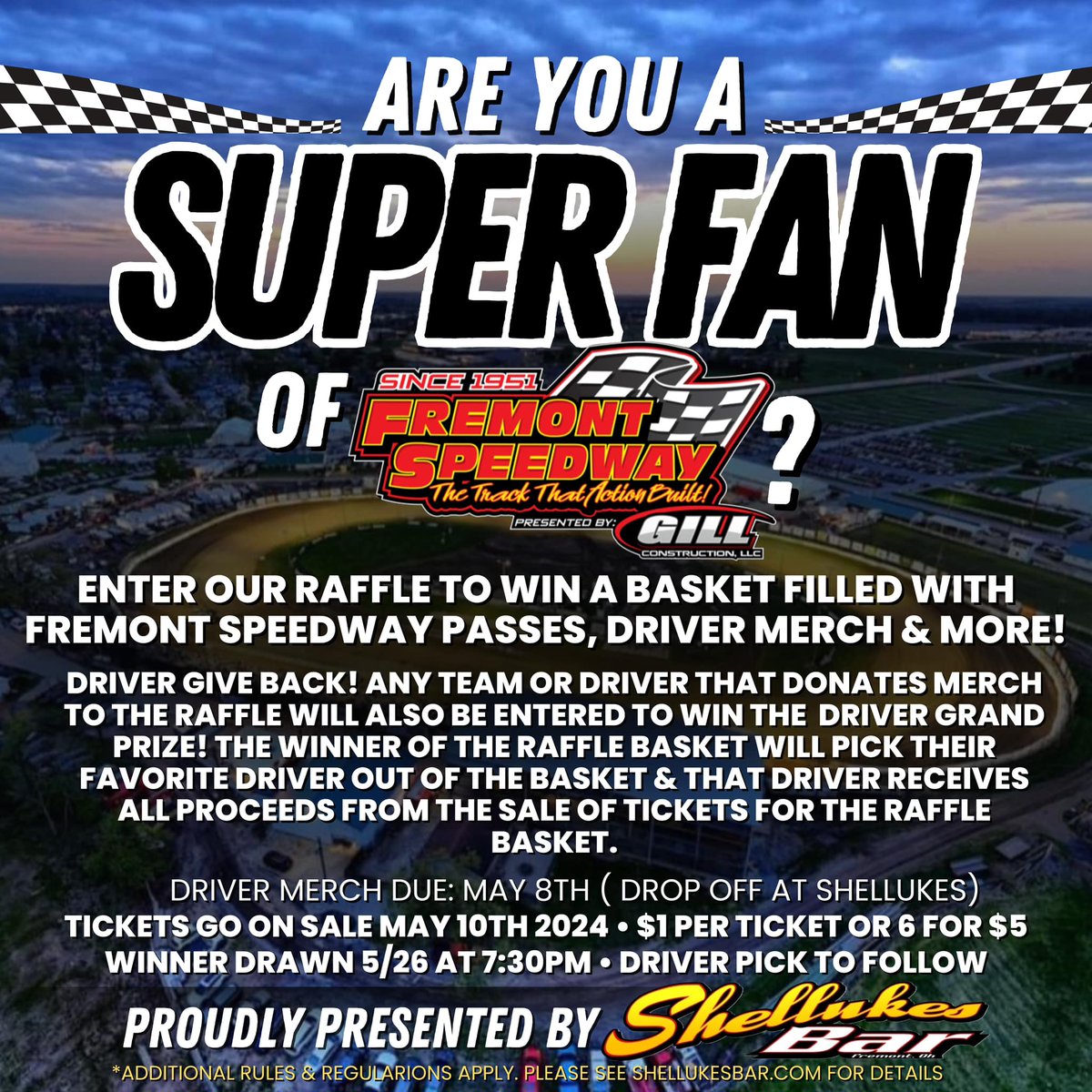 Shellukes will have a table at the main gate to take supply donations for registered Speedweek teams, collect quarters in the driver piggy banks and sell raffle tickets for the Super Fan Raffle baskets! Drop your supply donations and get a 25% off coupon for Shellukes 👇👇